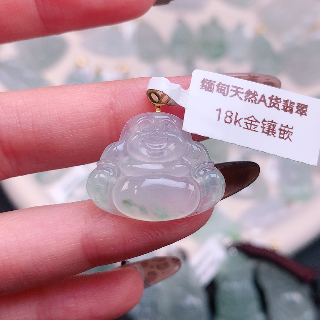 翡翠颈饰18K金镶嵌飘花佛24、18.5、23.7、4