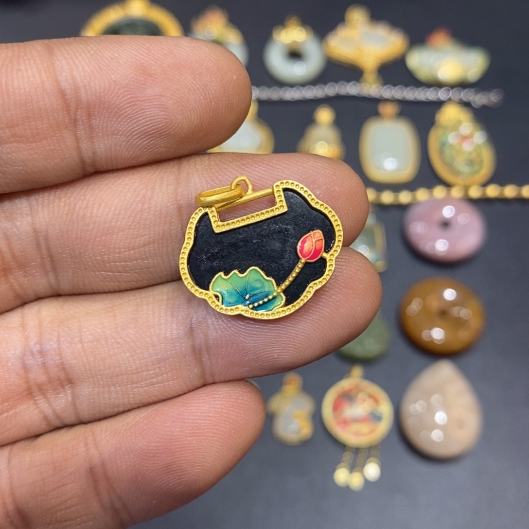 和田玉颈饰银S925镀金镶嵌