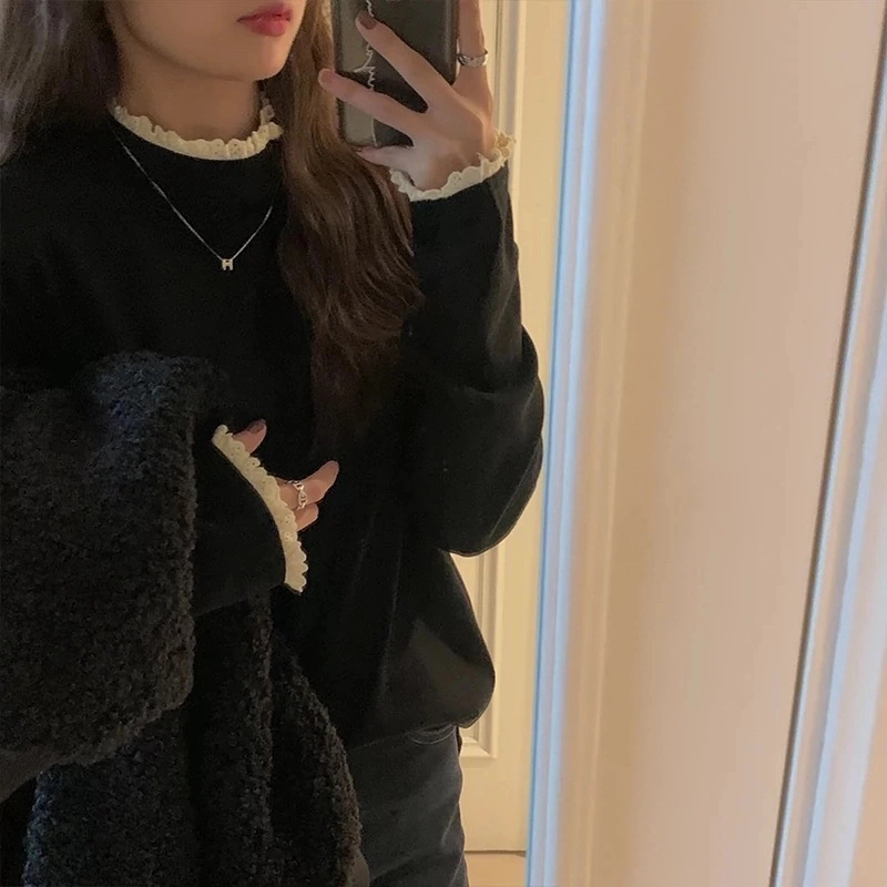 澳绒双面蕾丝木耳边半高领打底衫女秋冬高级感小香风内搭加绒上衣