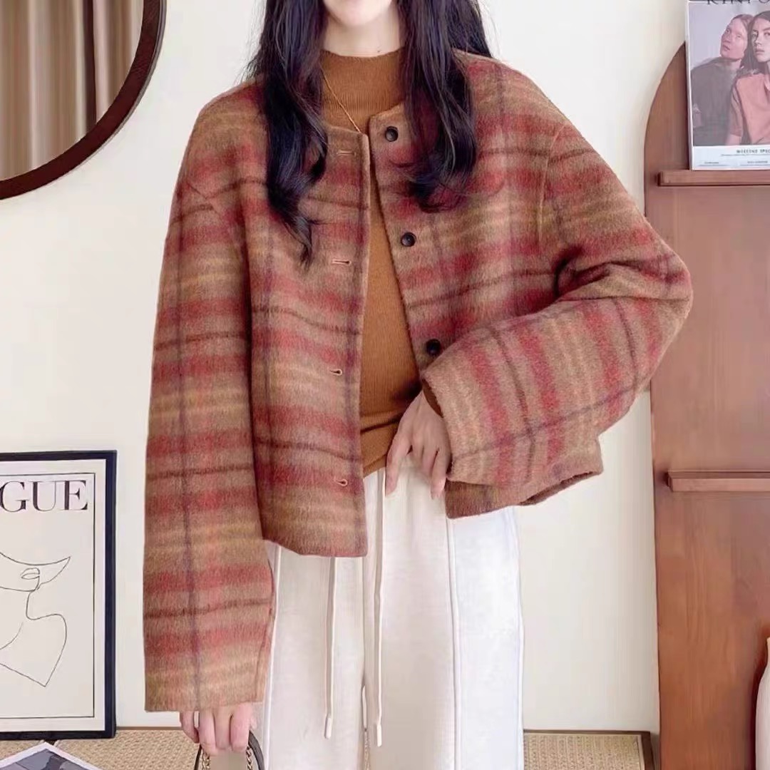 [ W i F i ]1498复古格子粉红双面呢羊绒大衣短款羊毛呢外套（53）