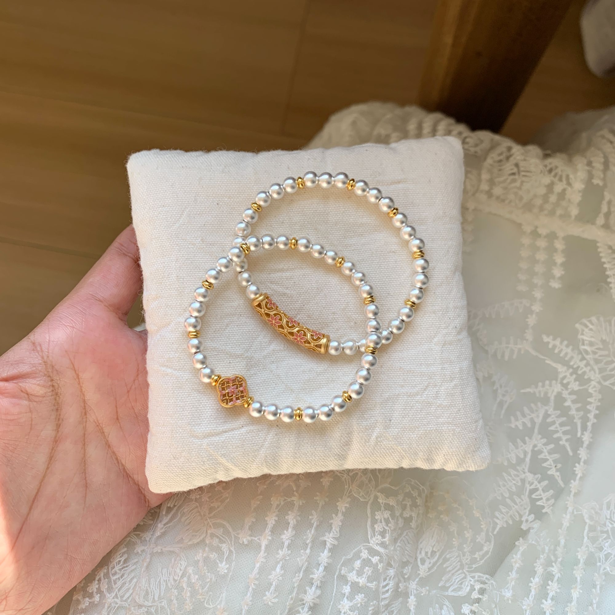 足银珐琅手链 燕归yangui“寻桃组合”足银999粉色串银珠手链