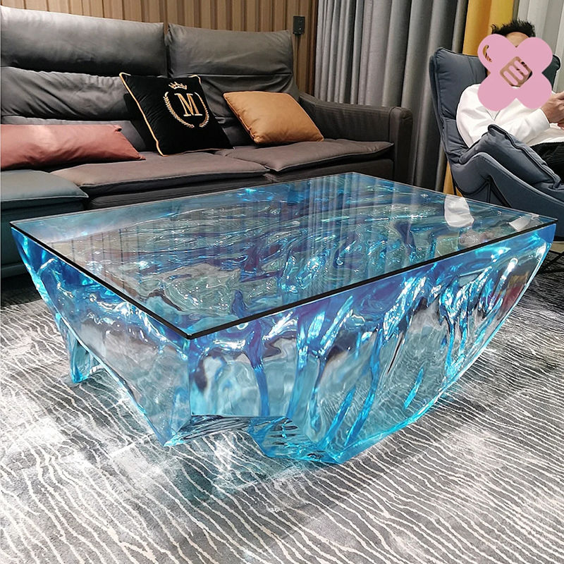 蓝色水晶海洋茶几现代售楼处茶室茶台样板房客厅家用透明树脂茶桌