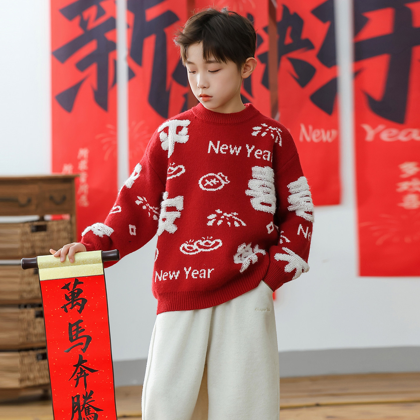 【平安喜乐】男童红色毛衣冬儿童过年喜庆针织衫冬季新款拜年服