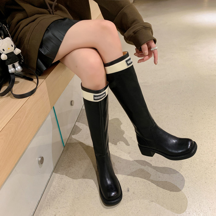 显瘦！真皮法式拼色5CM粗跟中跟小个子圆头长筒靴女骑士靴