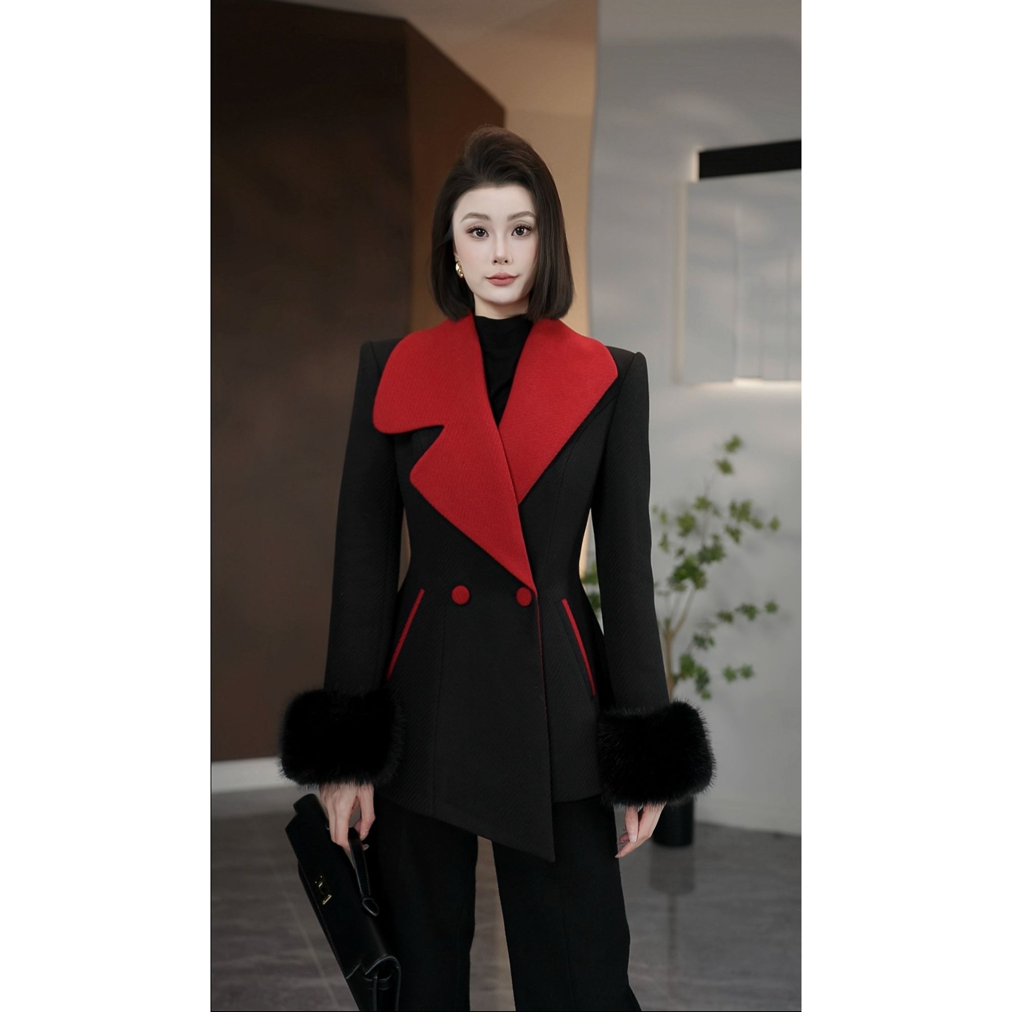 慧老板【活力换新】高级优雅翻领百搭显瘦夹棉毛呢秋冬外套35500