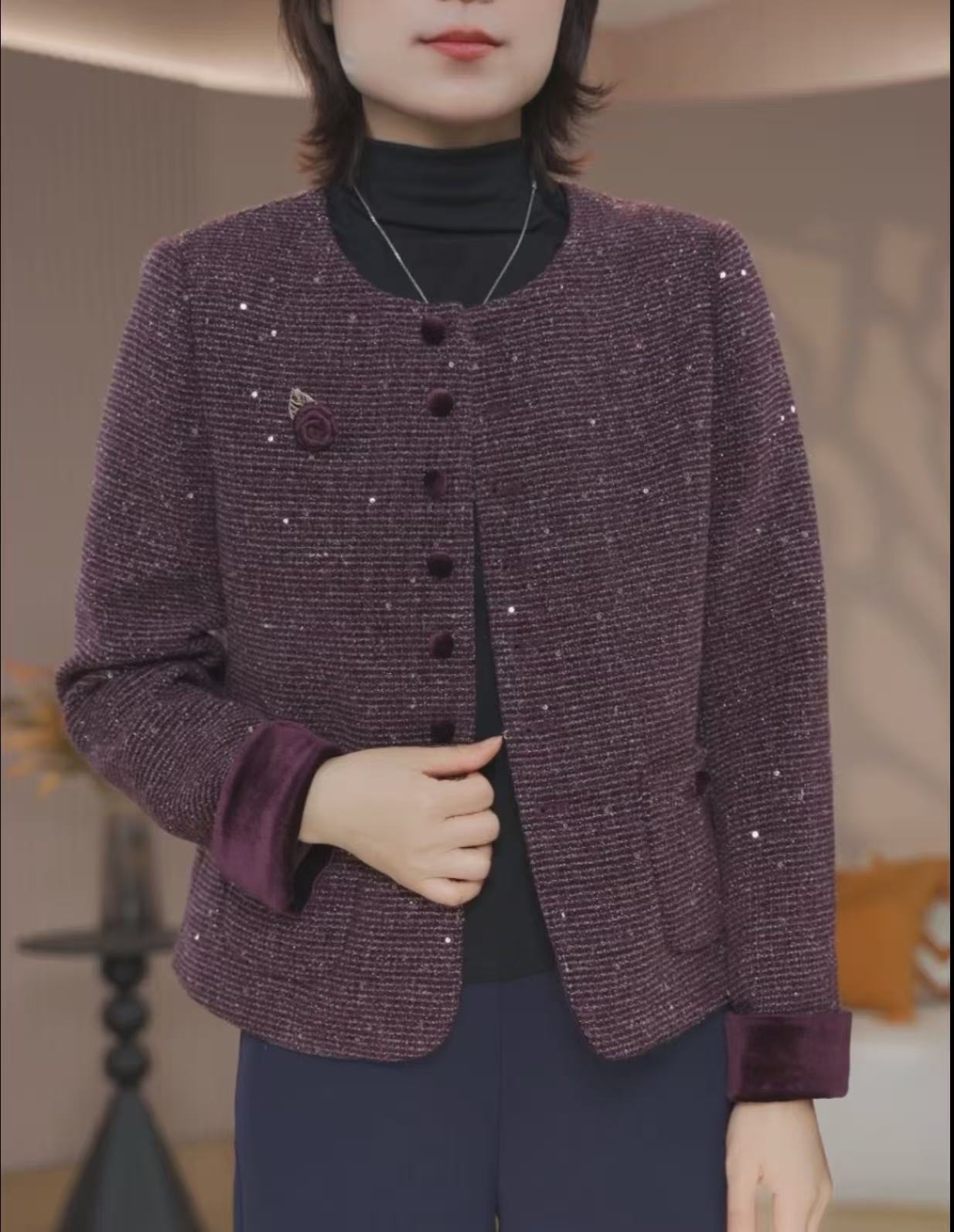 2025秋冬订花朵丝绒袖口亮片小香风短外套8098