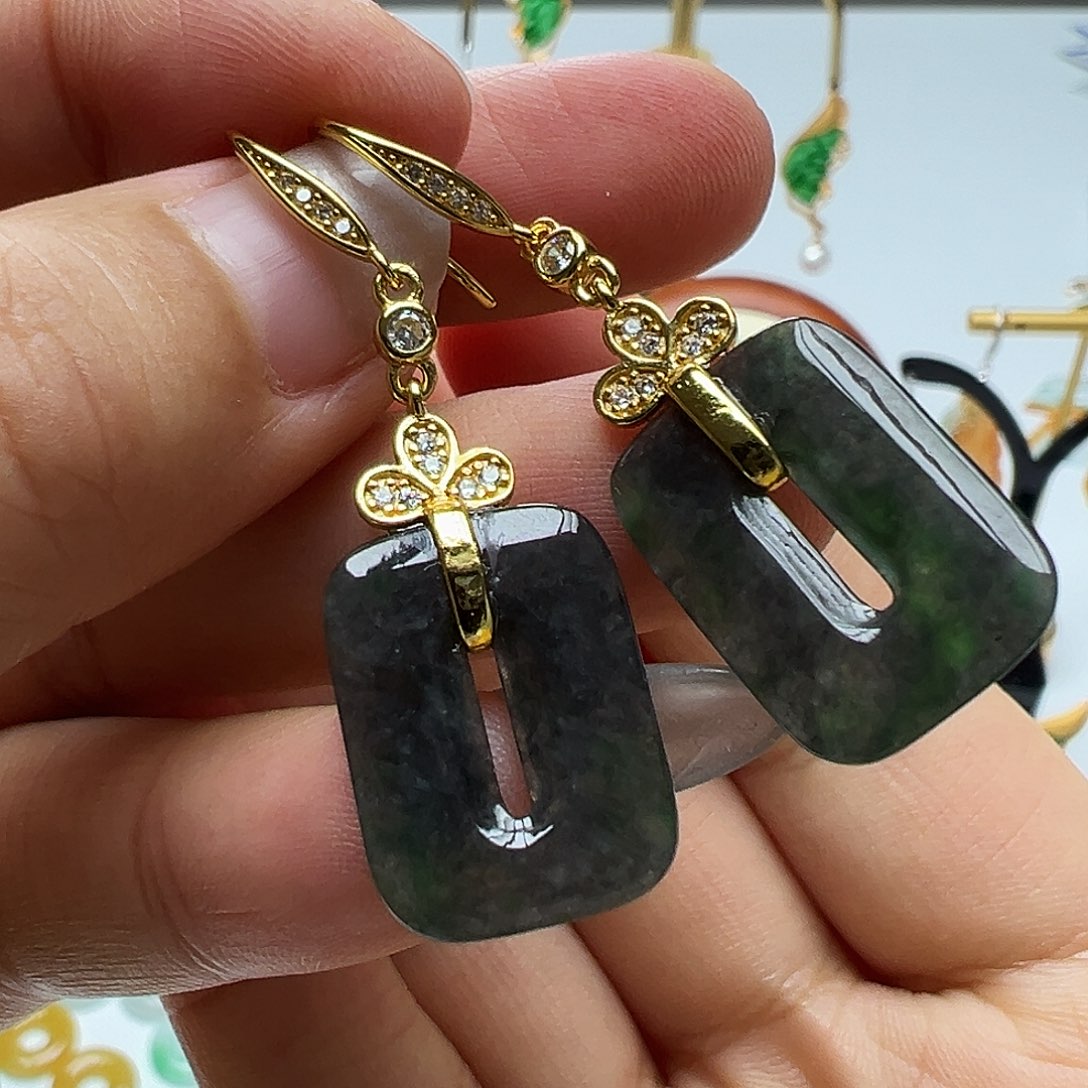 翡翠银S925镶嵌耳饰天然缅甸A货翡翠