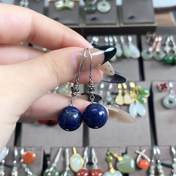 青金石银S925镶嵌耳饰12左右