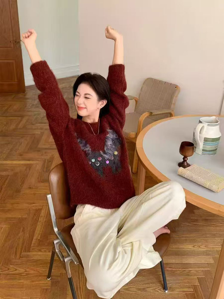 慵懒风小马亮片圣诞新年氛围感套头毛衣女2025秋冬季软糯亲肤上衣