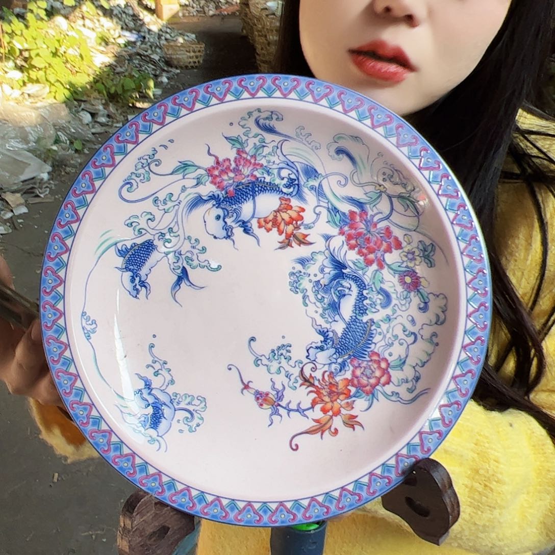 摆件陶景德镇红xixi鱼化龙盘（带支架）