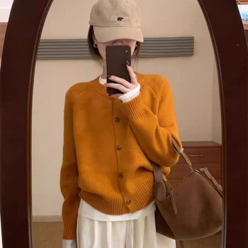 羊范韩系穿搭~秋冬100%羊毛针织开衫女圆领毛衣外套简约百搭上衣