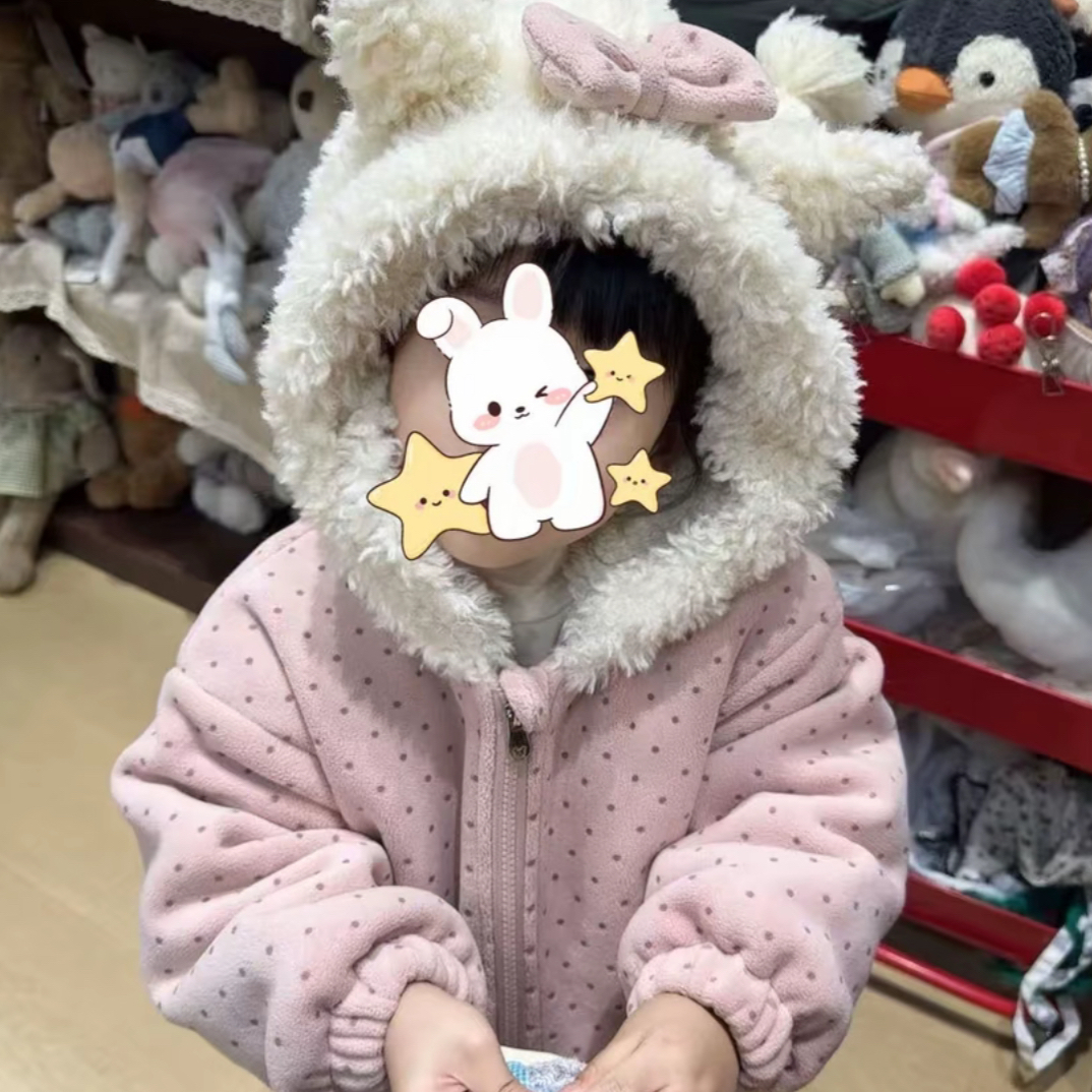 2025冬新儿童四层加厚加绒保暖波点两件套家居服套装带帽