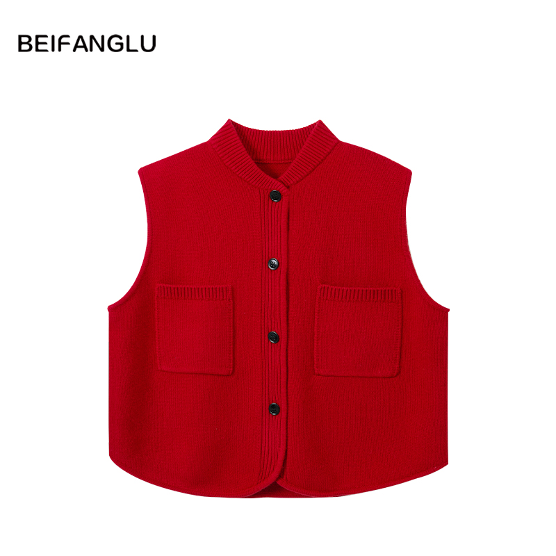 北方鹿【法式老钱风叠搭】100%绵羊毛厚织百搭立领马甲开衫女251537