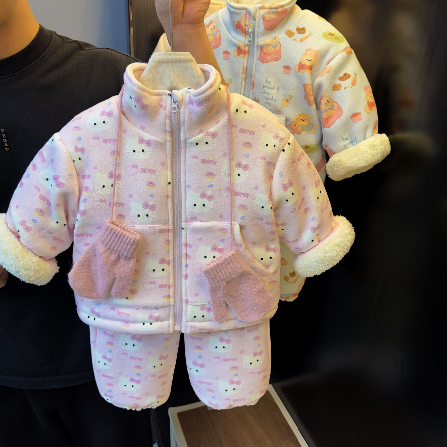 童装2025冬装新款夹棉加厚立领休闲套装小宝宝超厚家居服棉服棉裤