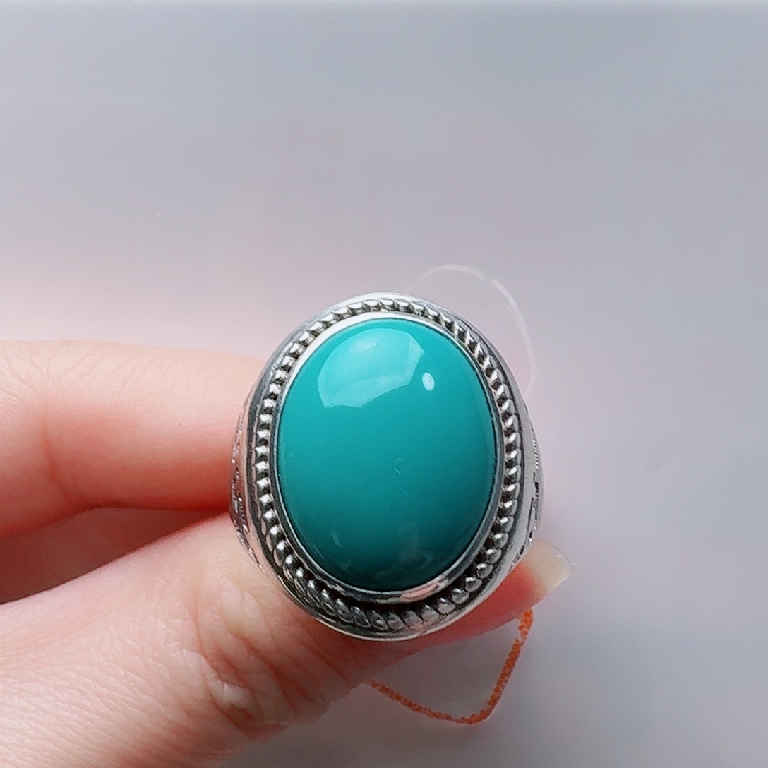 绿松石银S925镶嵌高瓷玉化绿大蛋面男戒