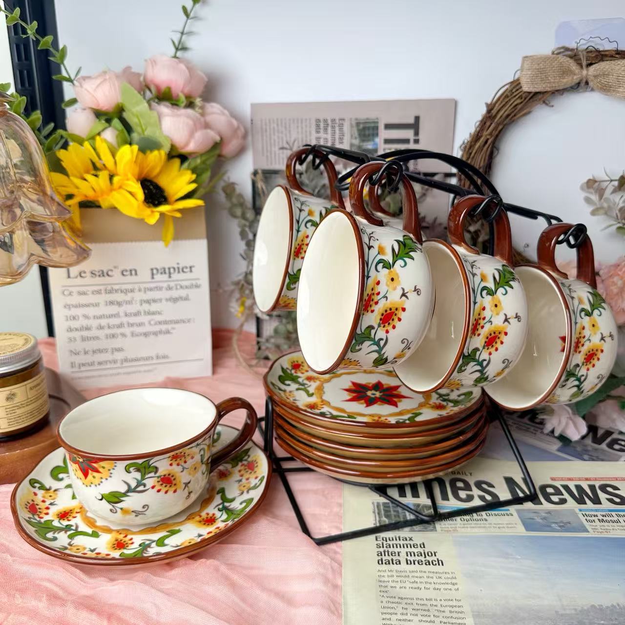 【秋日花语】新疆包邮人工釉下彩250ml咖啡杯碟水具套装