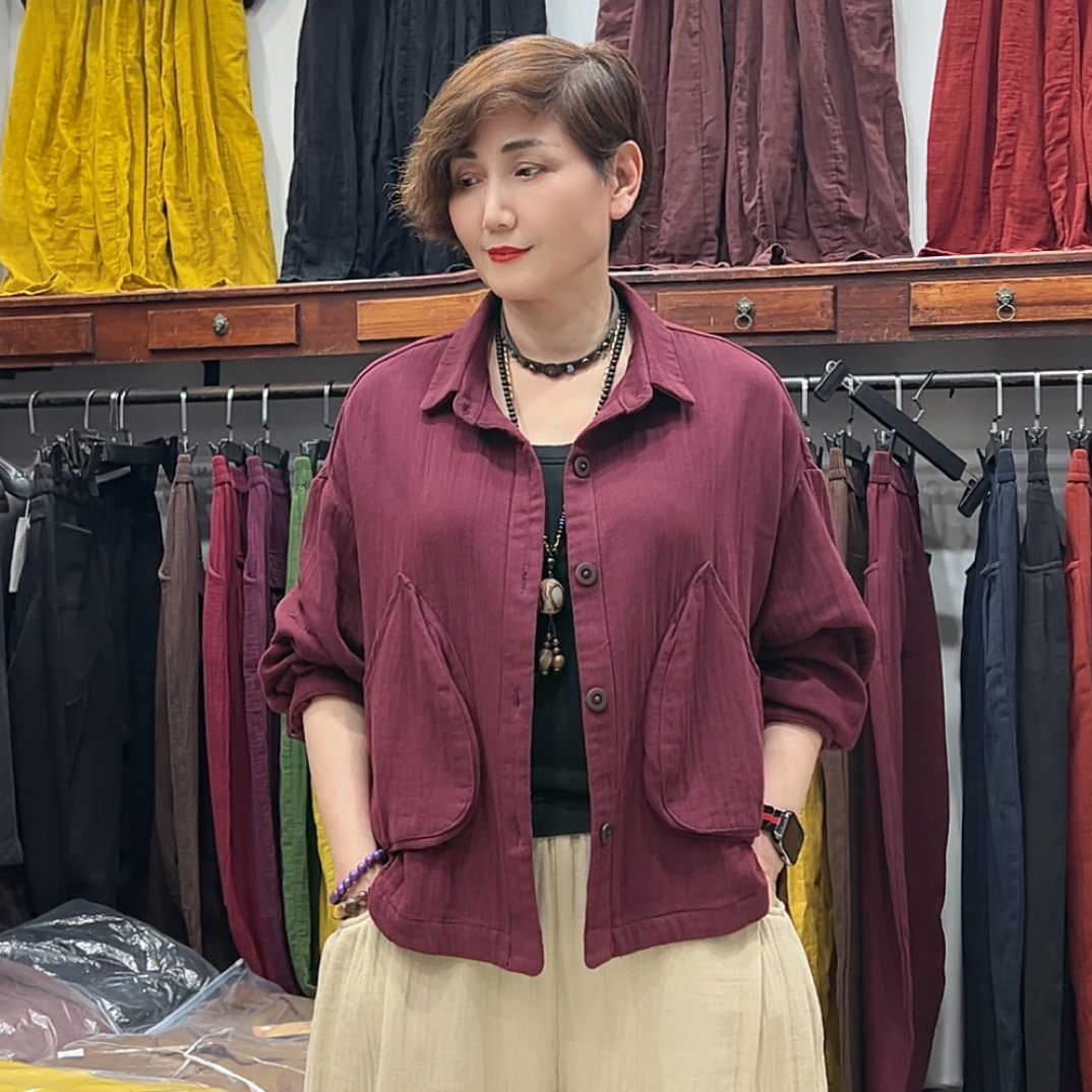 秋季加厚宽松遮肉休闲时尚拼接大口袋百搭短款开衫外套