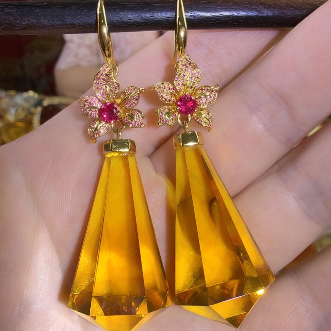 琥珀银S925镀金镶嵌耳环