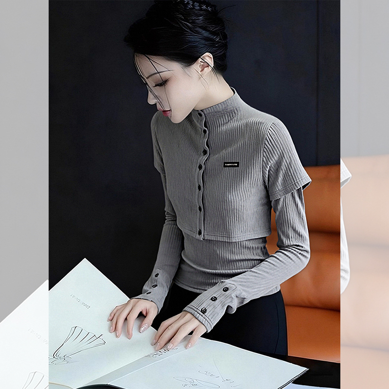 独特漂亮灰色半高领内搭小衫女装秋冬季洋气假两件长袖T恤上衣服