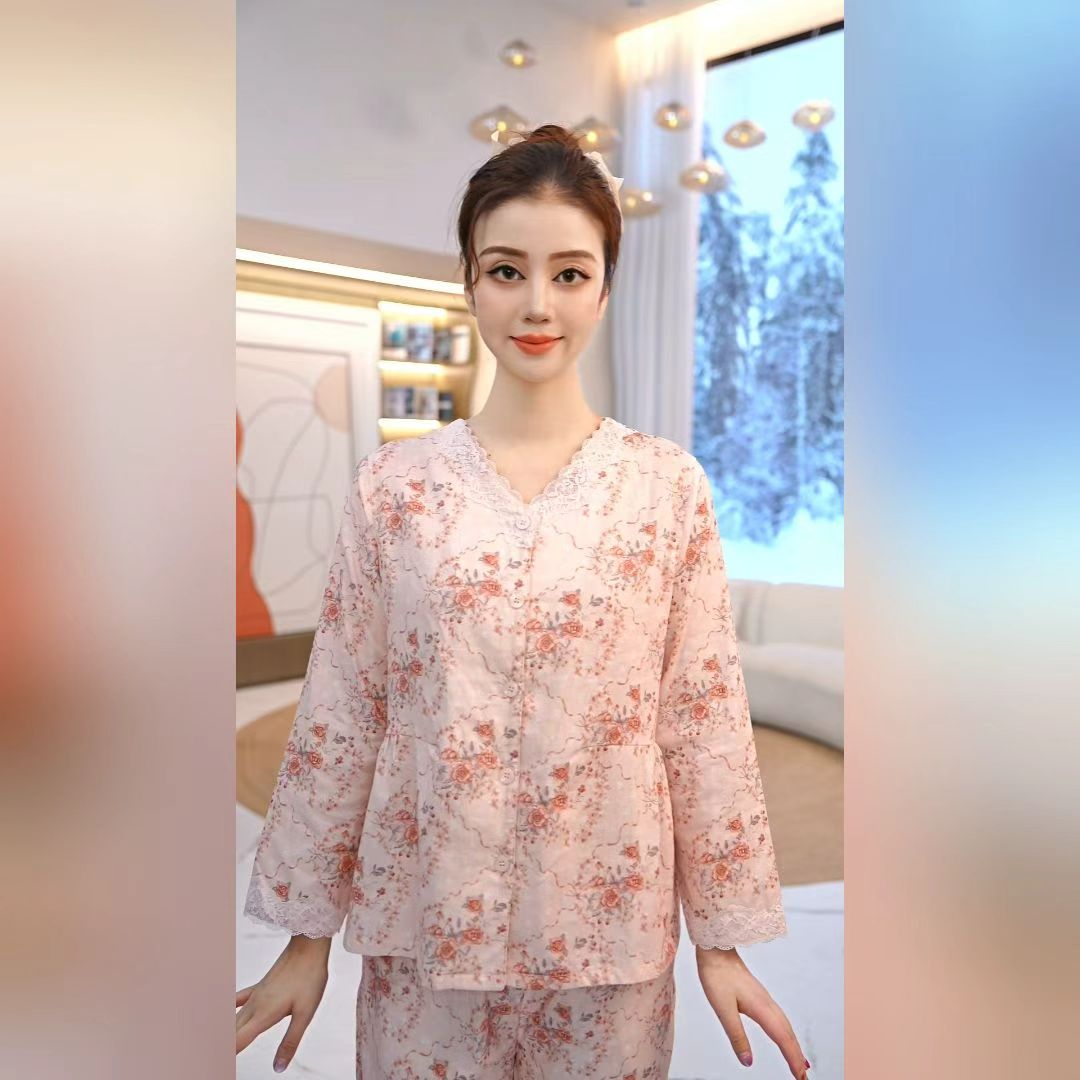 秋鹿梭织双层纱印花圆领长袖长裤女套秋季睡衣