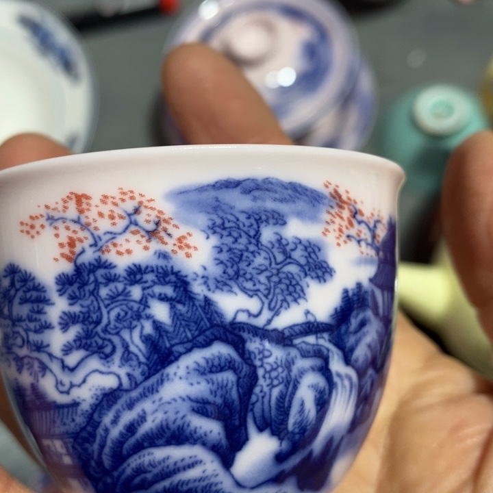 摆件陶黄稀土山水釉里红小杯