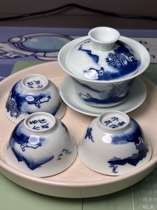 当代 茶具柴烧若深珍藏青花山水潮州大号复古功夫茶杯盖碗壶承