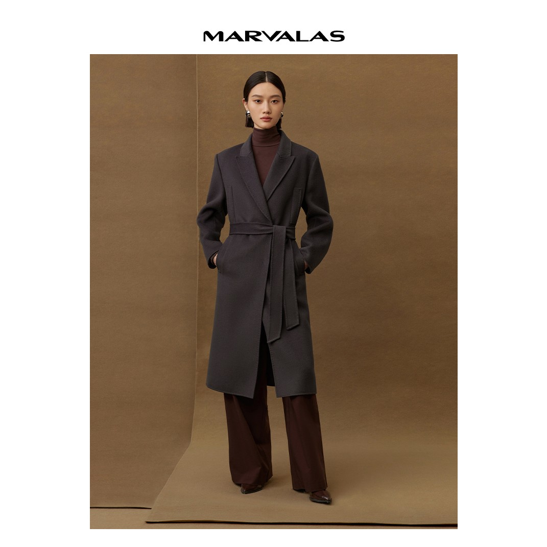 【力力淘】曼德诗全羊毛大衣中长款双面呢秋冬紫灰气质M426302652