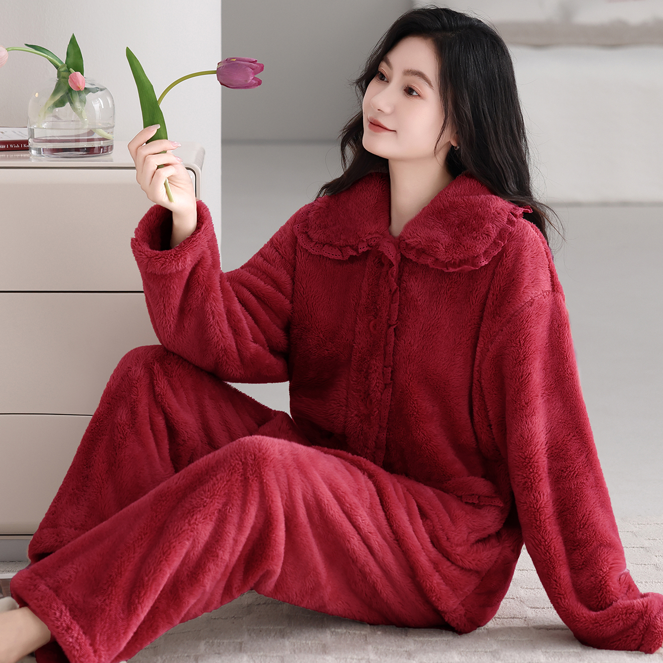 【蕾丝花边】妈妈款秋冬可外穿毛绒雪花绒家居服女士保暖法兰绒睡衣