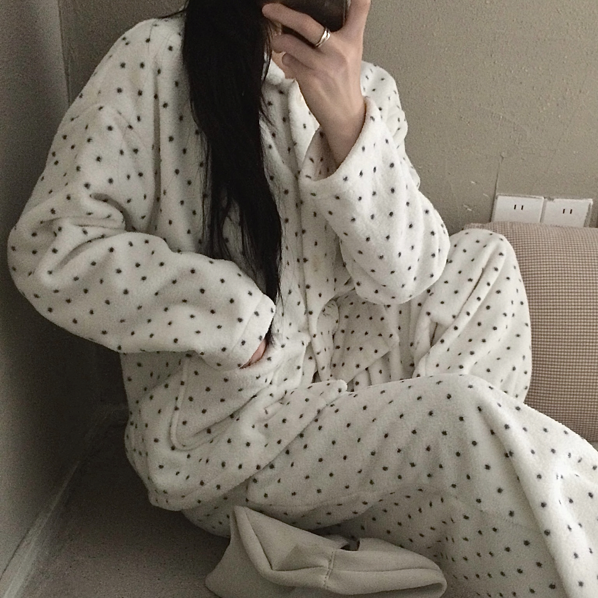 (LULUMAN)少女波点夹棉秋冬保暖睡衣套装