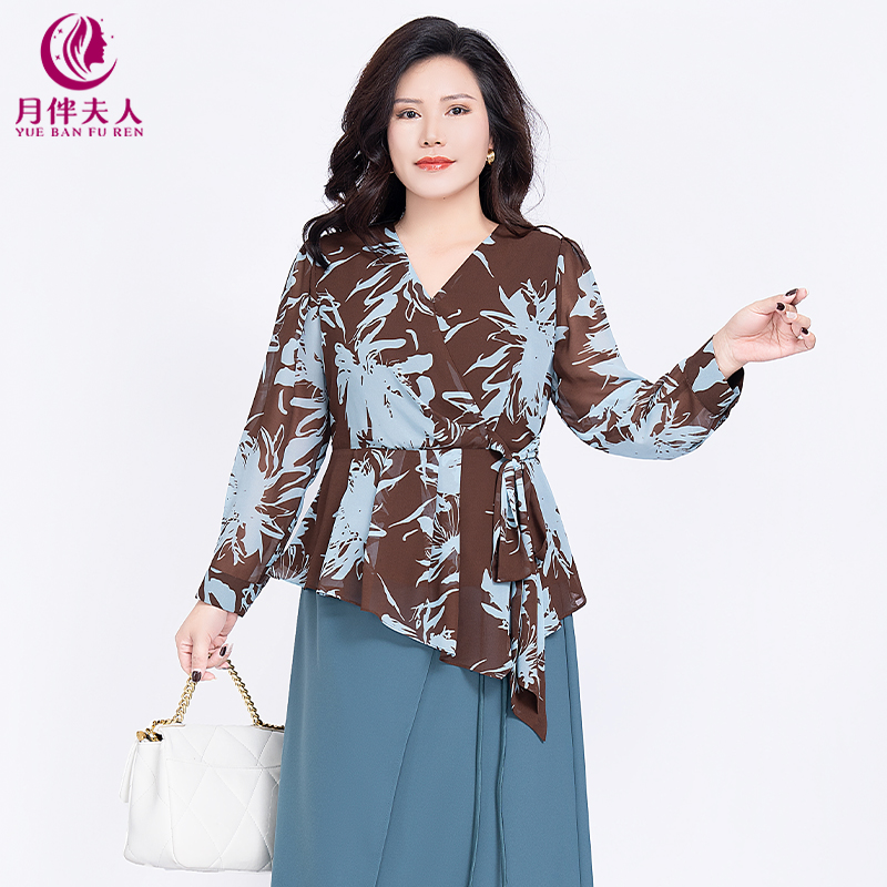 月伴夫人 2025秋季新款大码法式休闲收腰不规则印花衬衫上衣8003