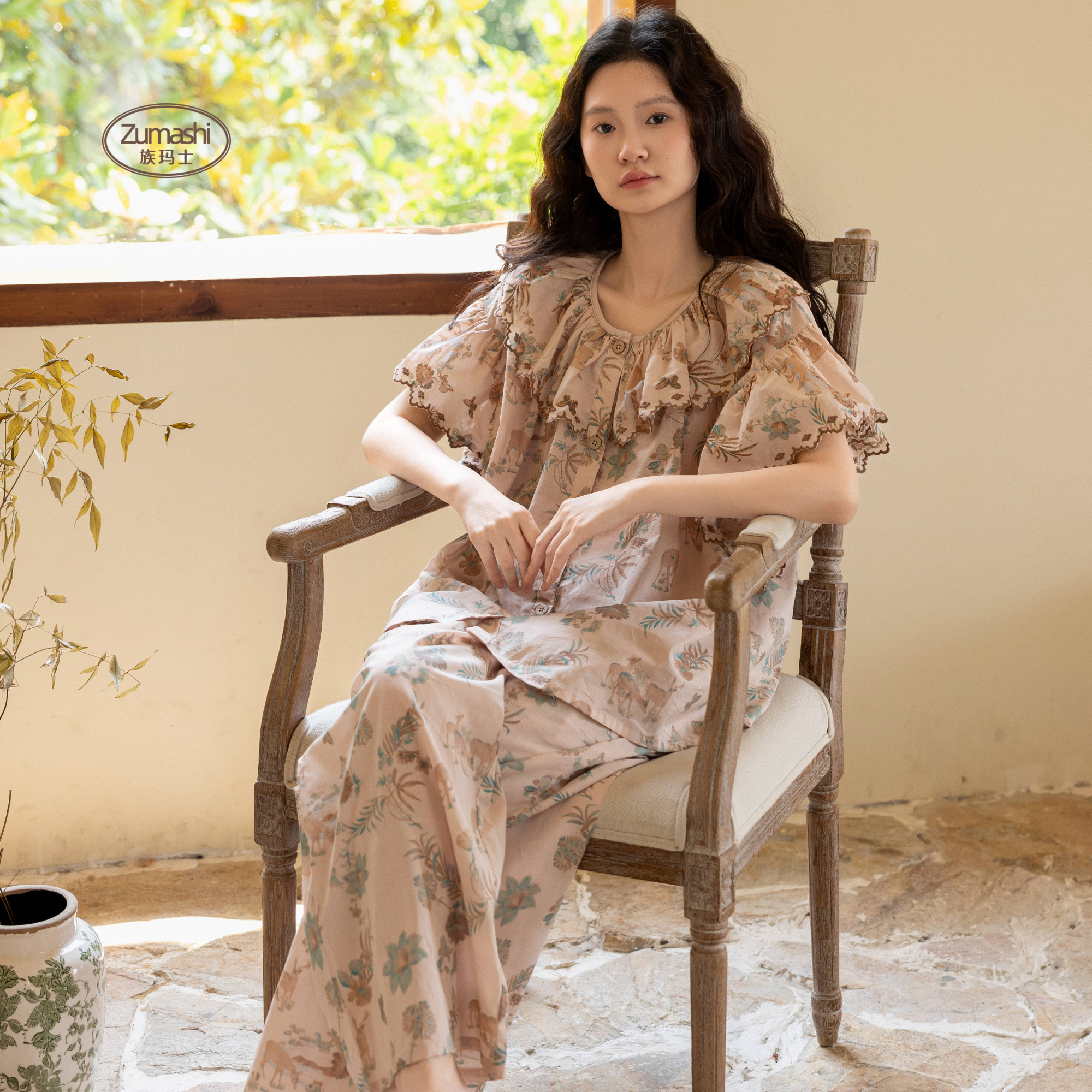 族玛士纯棉睡衣女2025新款碎花夏季薄款短袖长裤可外穿家居服套装