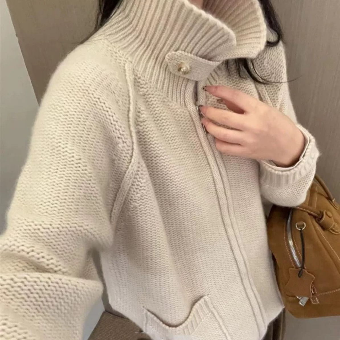 推荐！复古羊绒衫女翻领开衫秋冬针织宽松毛衣外套软糯POLO领7658