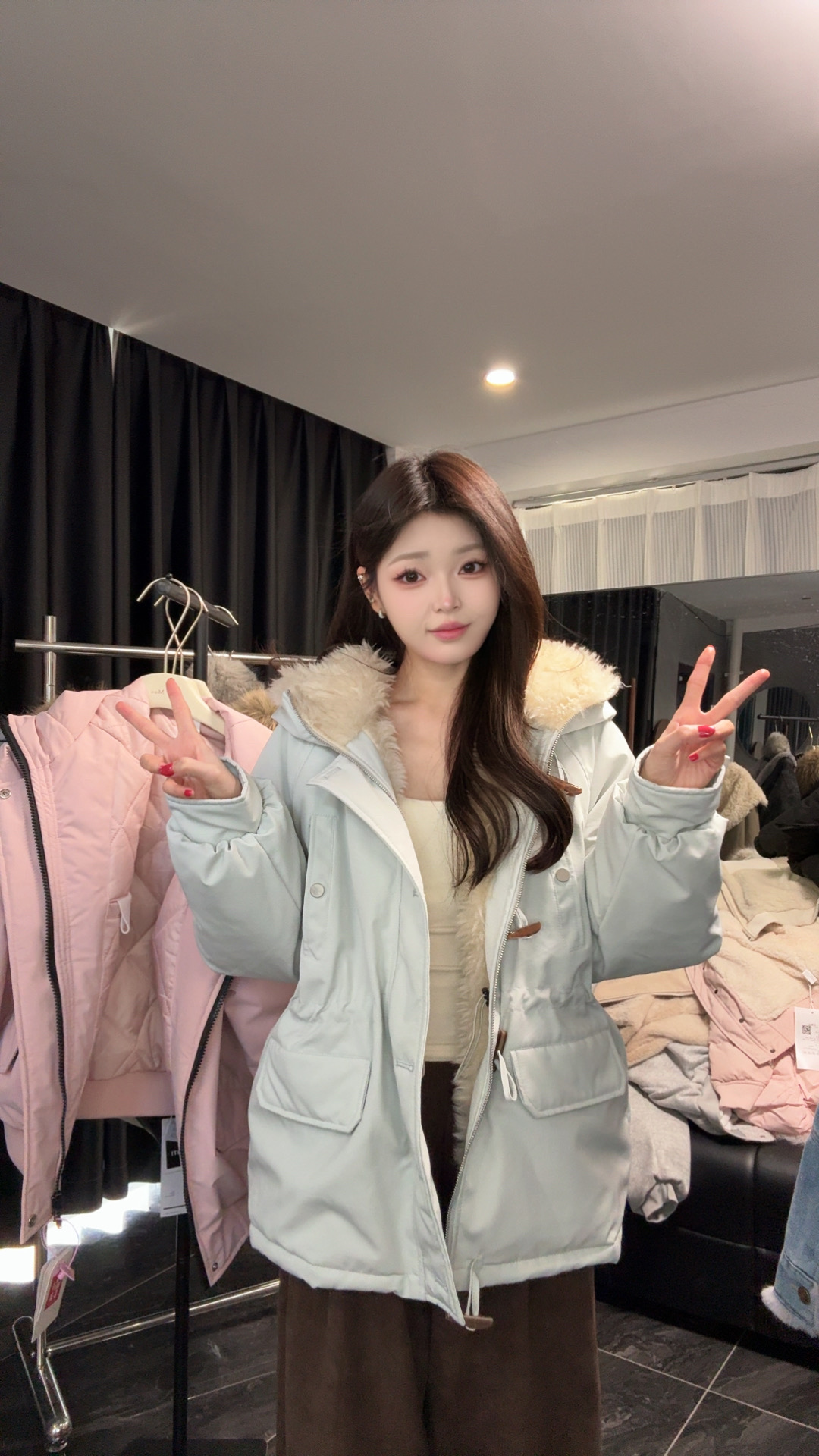韩版宽松中戏牛角扣加绒加厚派克服女冬新款工装棉衣短外套