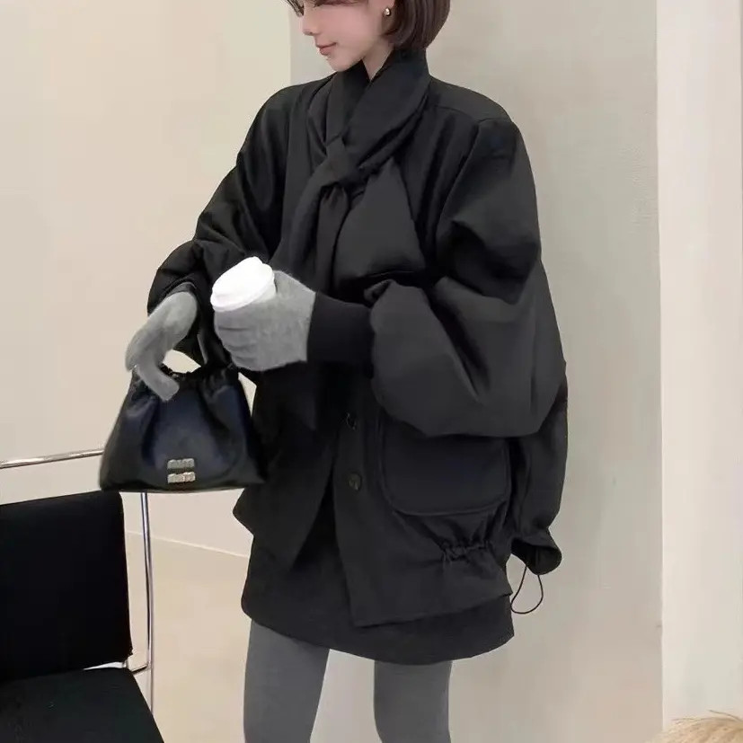 2301#e可拆卸围巾短款保暖外套女秋冬新款韩版设计感