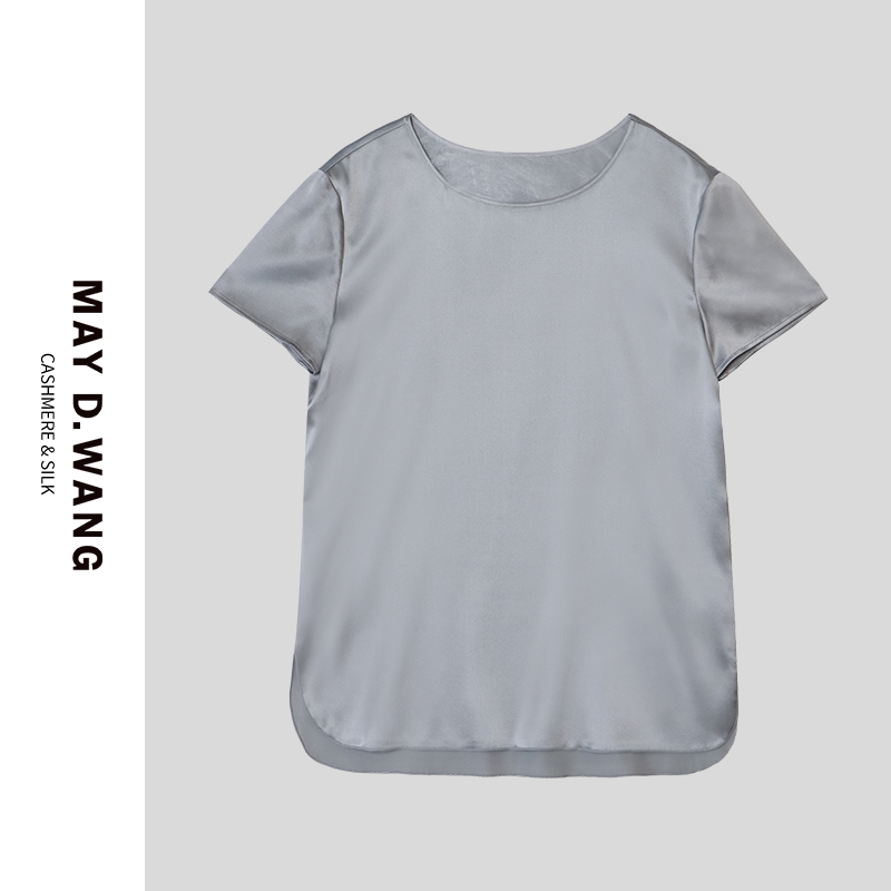 王之造【冬姐精选】2025夏季桑蚕丝缎面圆领下开叉短袖上衣 D2F1132