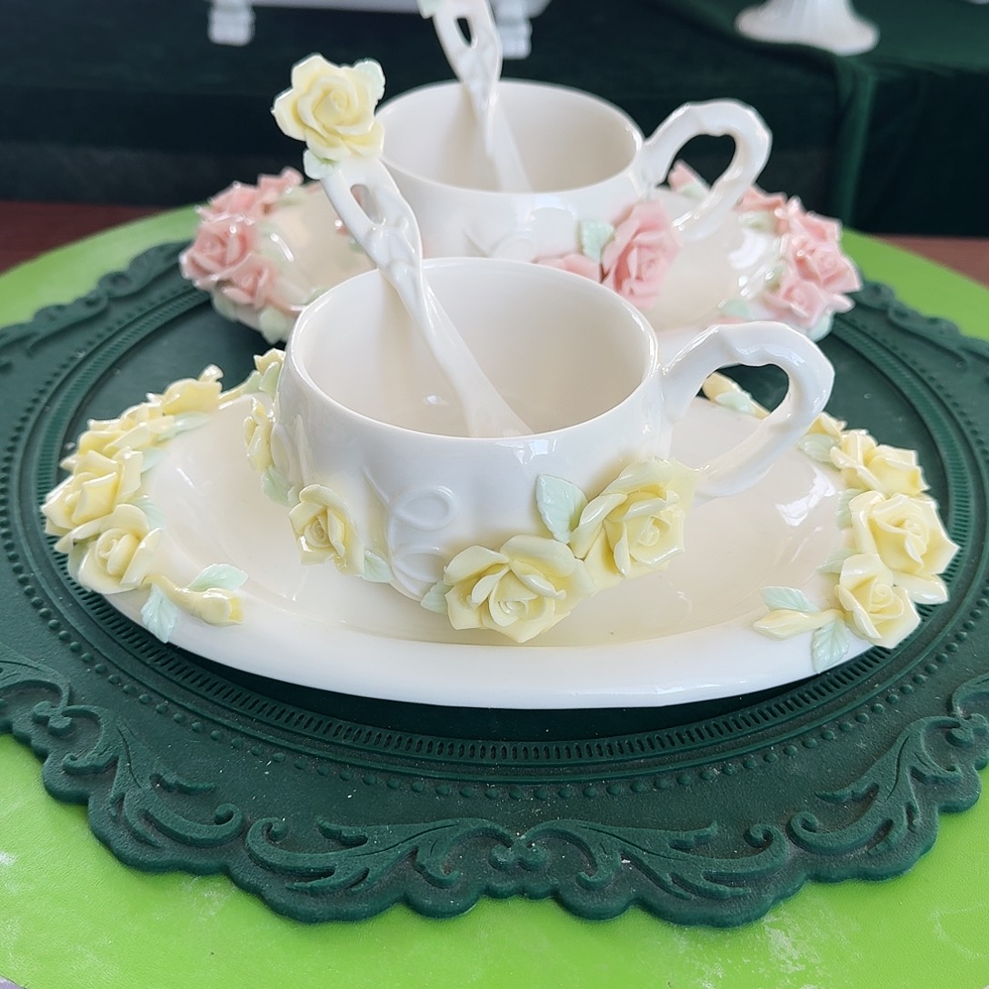 玫瑰花咖啡杯碟加勺子