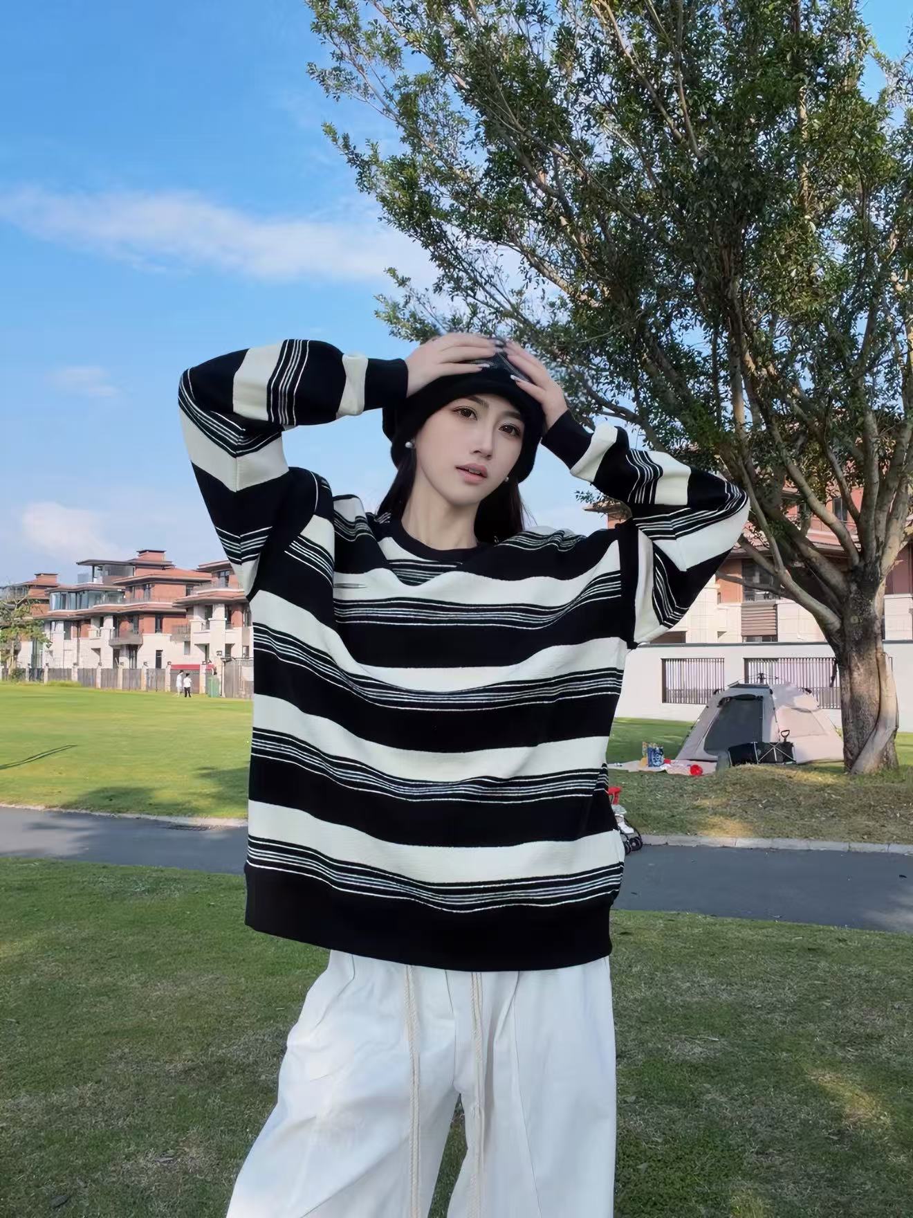 LTC高级感圆领秋季简约男女情侣粗条纹宽松肌理休闲卫衣