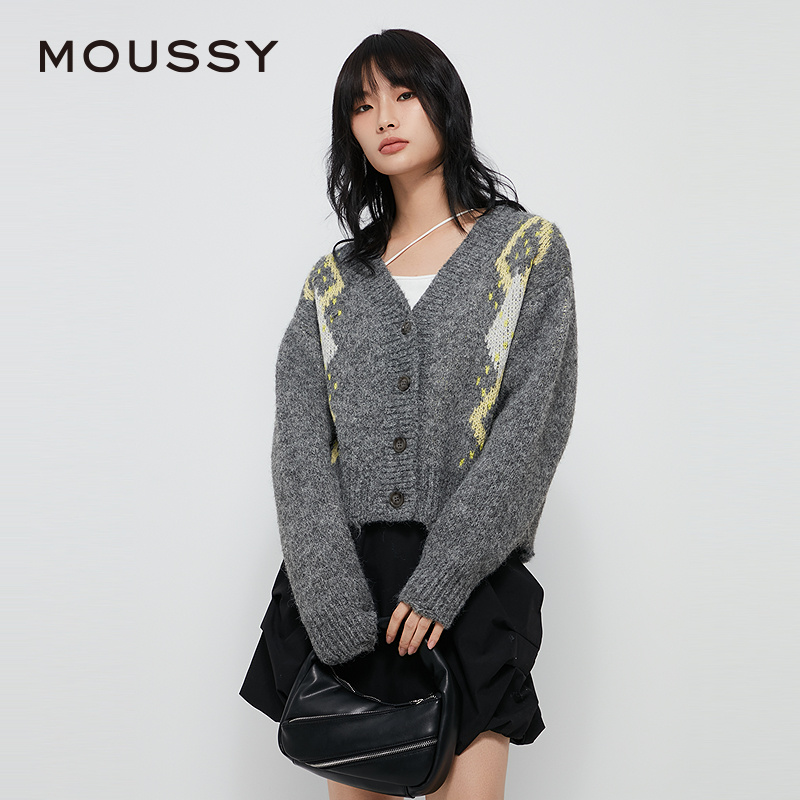 MOUSSY 2025冬季复古撞色菱格毛衣V领毛针织开衫02AZ70-1461