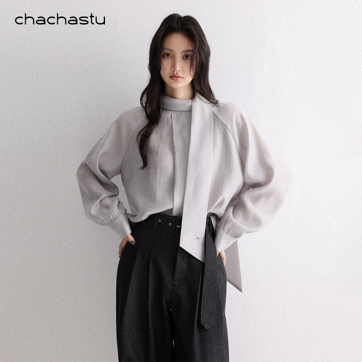 CHACHASTU 设计感长袖飘带显瘦上衣女秋冬休闲百搭小个子衬衫K108