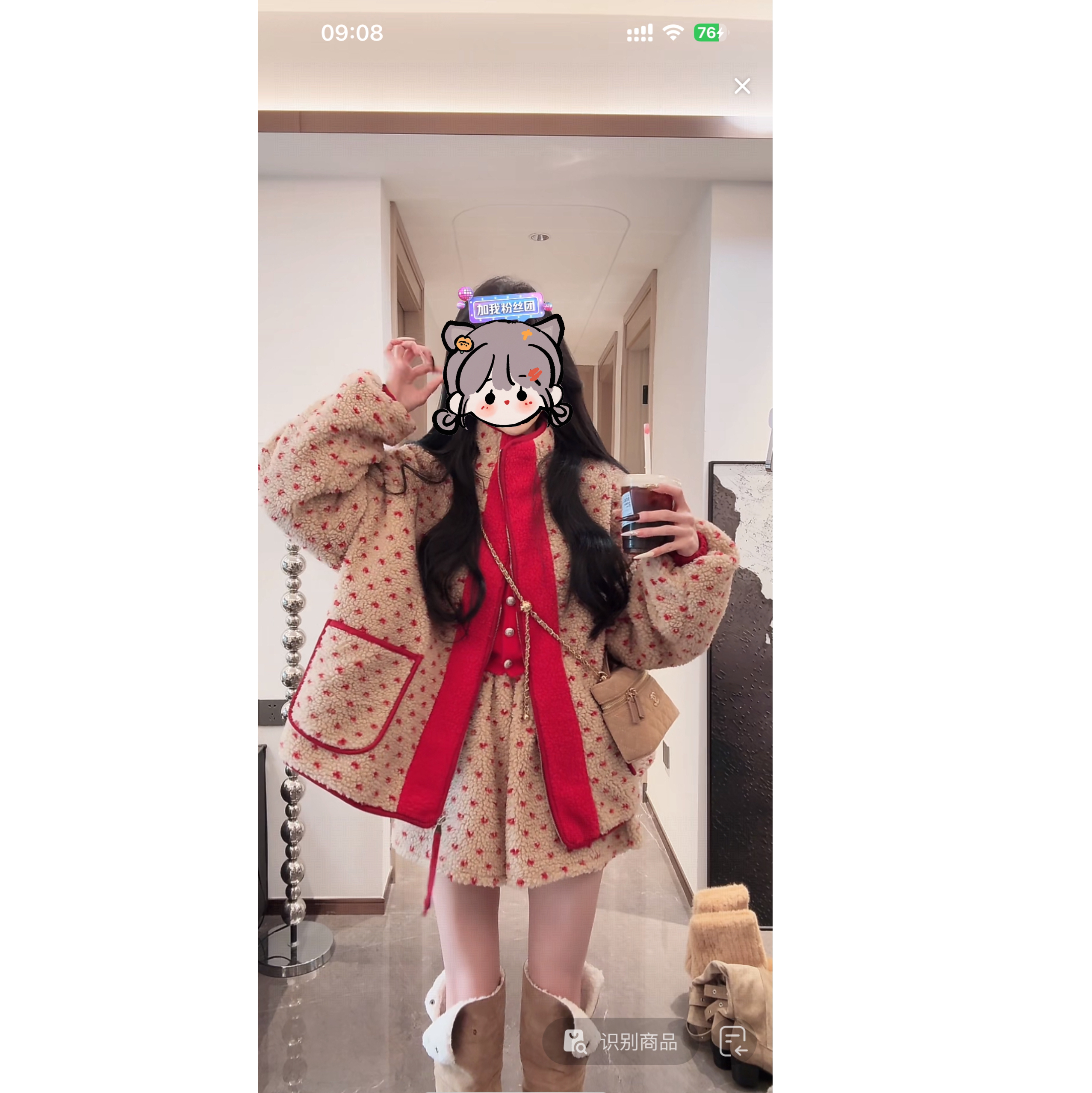 【XU·JING】圣诞红爱心摇粒绒毛绒加棉外套+短裤套装秋冬韩版