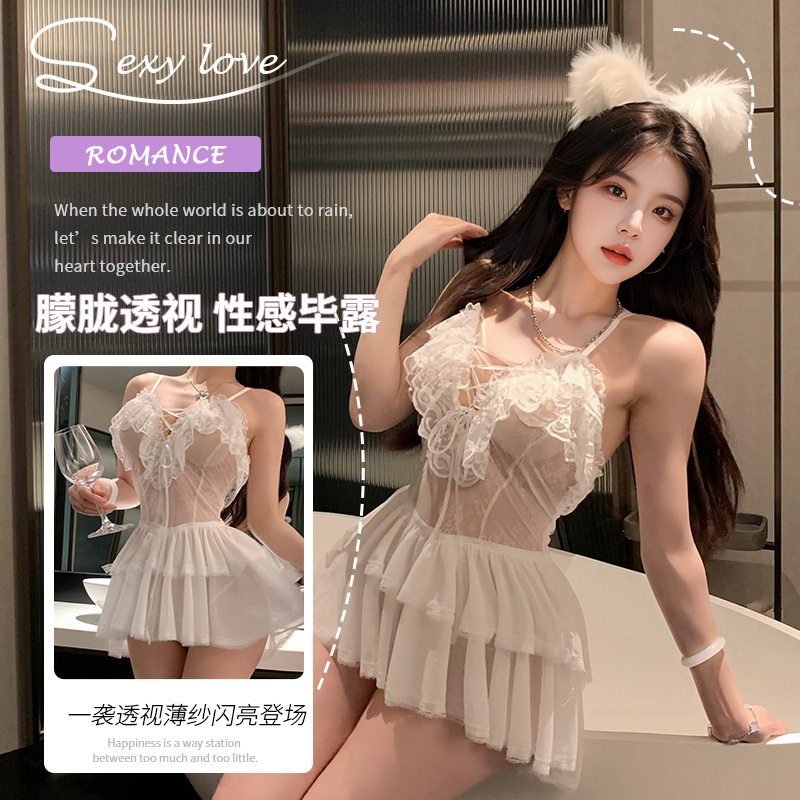 性感吊带蕾丝诱惑镂空系带网纱睡裙火辣透视制服