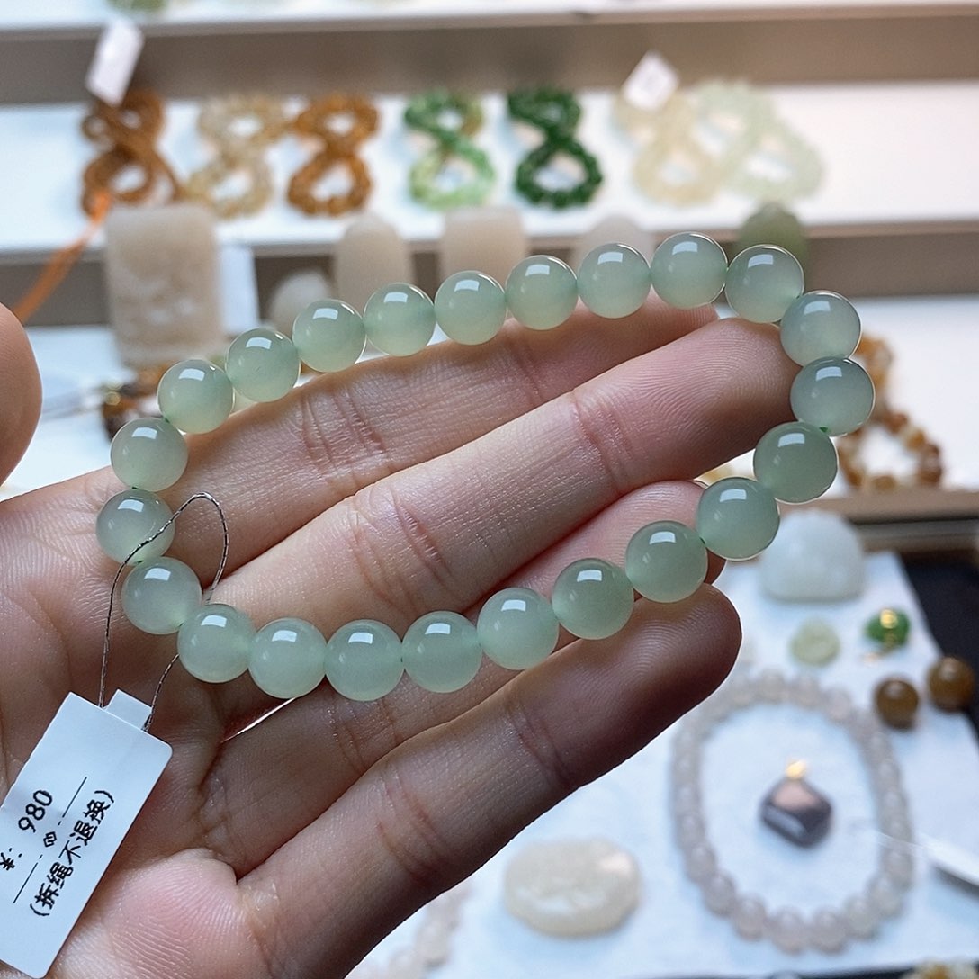 和田玉手链未镶嵌冰晴水一线猫卡八