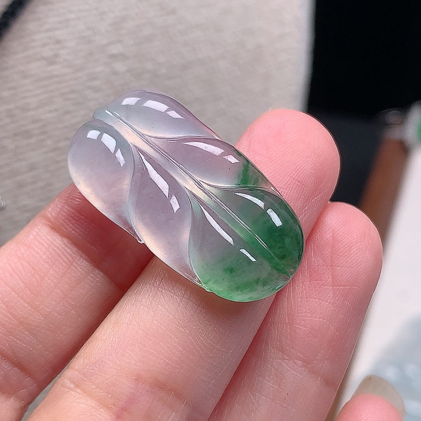 缅甸天然翡翠A货玉石高冰飘花叶子吊坠饰品镶嵌件30.5*16.3*5.5mm
