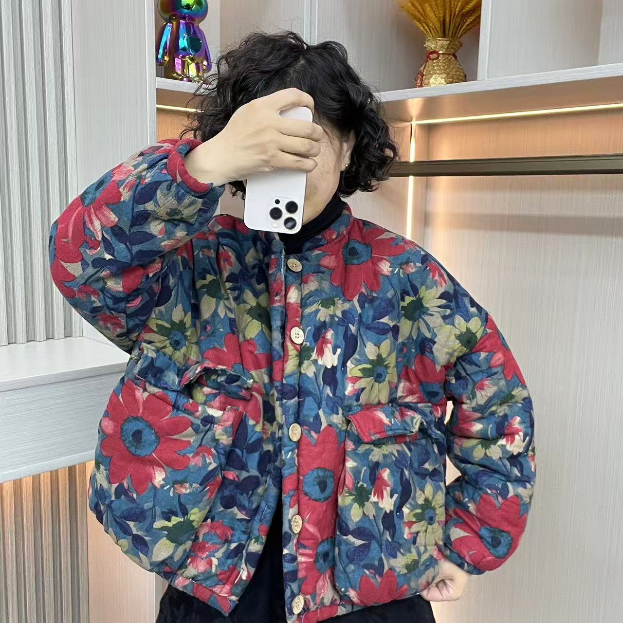 【六姐家】做旧保暖牡丹花常规圆领棉衣棉服立领秋冬韩版扎染