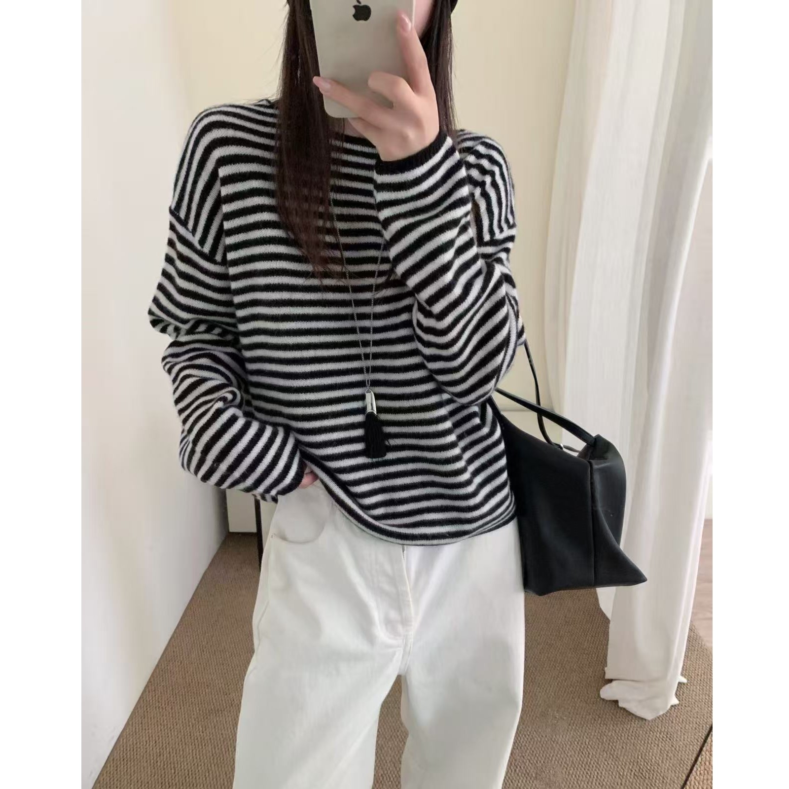 MEIZHENZI【吸睛条纹】100%绵羊毛撞色慵懒针织衫女毛衣（严禁机洗）