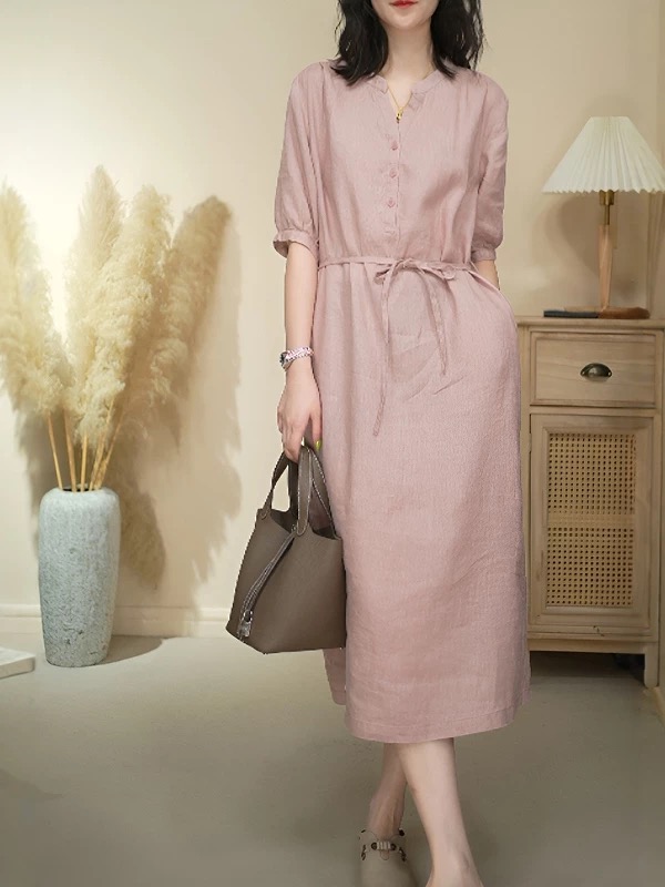 （大小码）纯亚麻剪刀领净版腰带腰带夏季中袖连衣裙裙子女YG 196