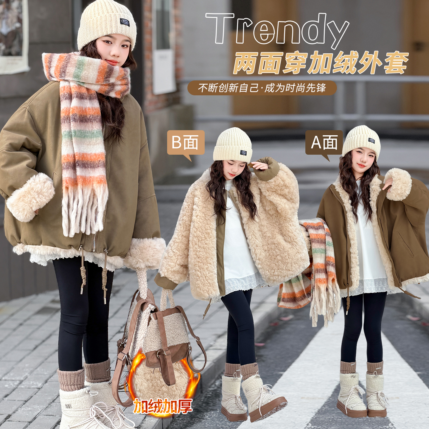 【TT】冬季新款儿童时尚百搭两面穿外套女童加绒加厚保暖上衣HCE257