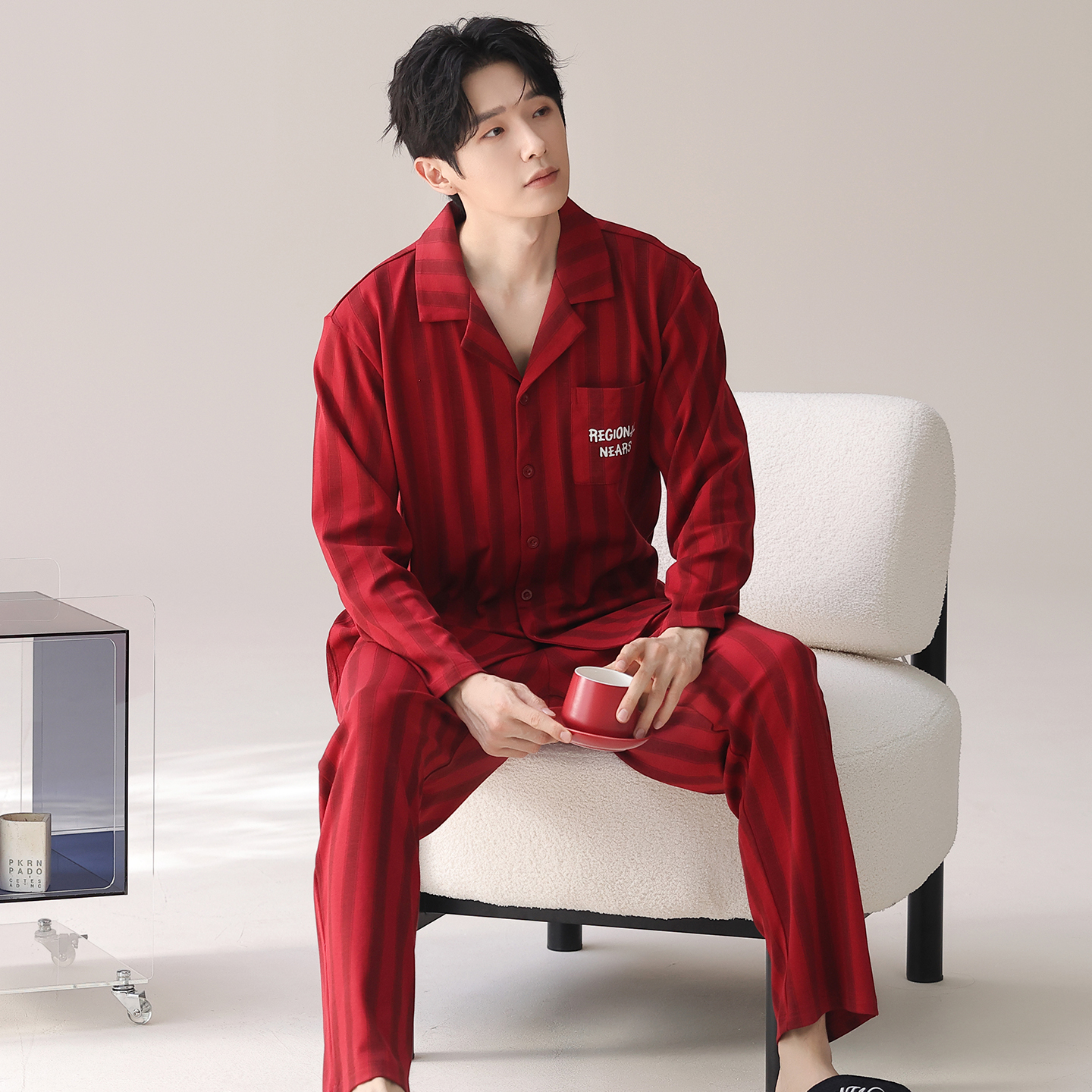 【100%纯棉】酒红色条纹款春秋季男士长袖全棉睡衣套装家居服本命年