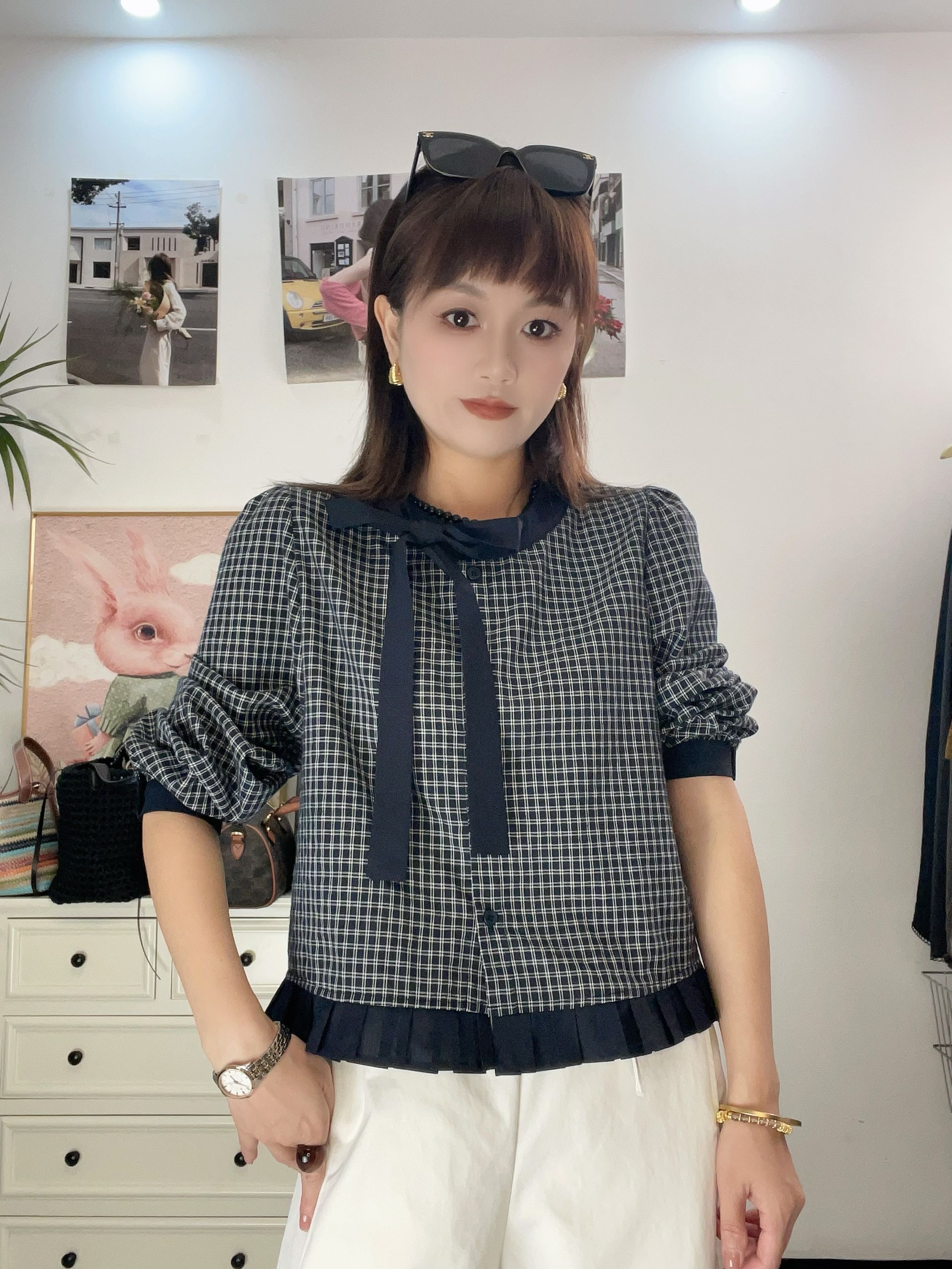 【轻歌物语】秋季常规单排多扣蝴蝶结长袖衬衫格子衬衫