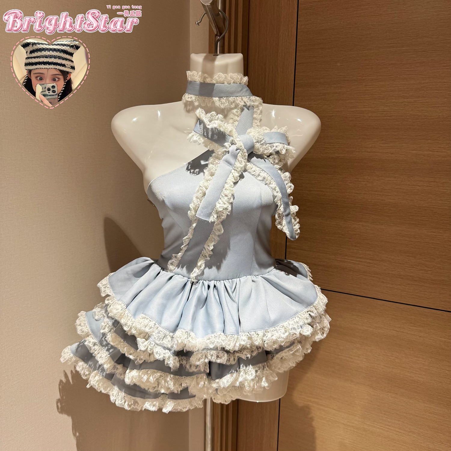 云端舞曲/挂脖蝴蝶结飘带高腰木耳边分层蓬蓬连衣裙套装